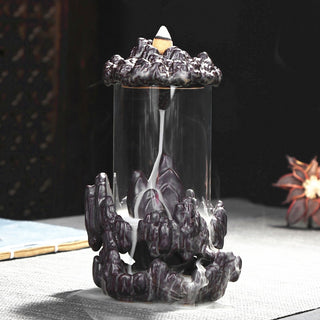 New Style Buddha Backflow Incense Burner Glass Cover Indoor Windproof Personality Gift Cone Incense Holder Smoke Waterfall E