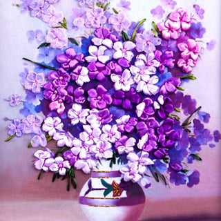 DIY Kit flowers vase 3D Ribbon embroidery - Purple orange white