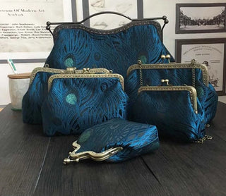 DIY Sewing Kit Set Blue Peacock tail Simulated Silk Fabric Women Bags Series