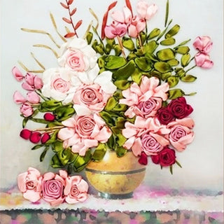 DIY kit 3D Ribbon embroidery - Pink roses flowers
