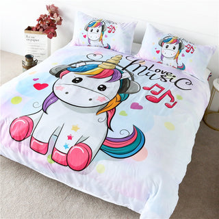 BlessLiving Cute Unicorn Bedding Set Rainbow Hair Duvet Cover Love Music Kids Cartoon Bedspread Colorful Hearts Stars Bed Set